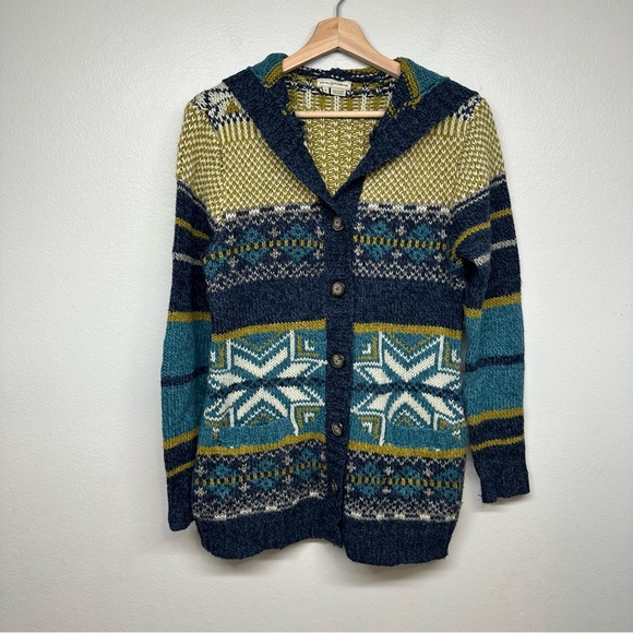 Royal Robbins Sweaters - Royal Robbins Womens S Blue Fair Isle Chunky Knit Hooded Cardigan Pockets Boho